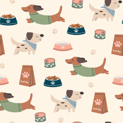 Cute dogs vector seamless pattern. Clipart of funny pet animals. Dogs, bag of food, canned dog food and bowl on a beige background. Printable canine flat illustration.