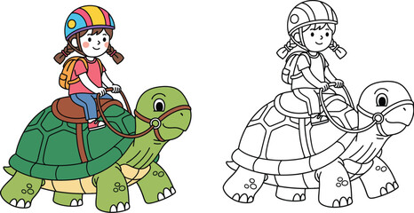 Adorable Cartoon Girl Riding a Friendly Turtle - Imagination, Adventure, and Animal Companionship