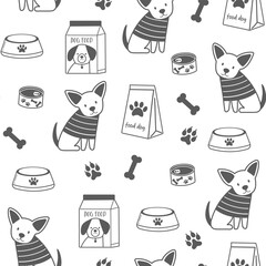 Seamless pattern with cute outline dogs. Vector illustration in doodle style. Dogs, bowl and dog food on white background.