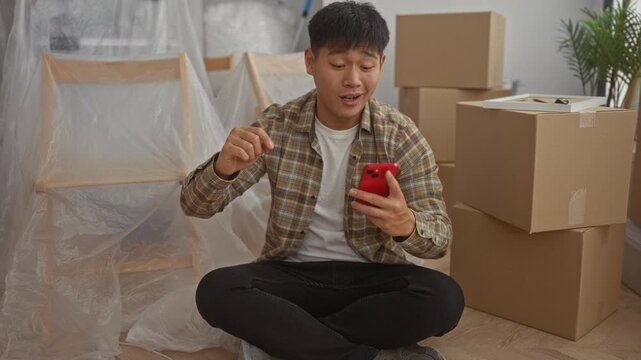 Young man sitting in new home surrounded by unpacked boxes, using smartphone with visible excitement, prepared to settle into modern apartment.