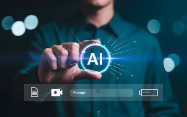 Artificial intelligence concept with person touching glowing AI hologram and digital search bar, symbolizing innovation, automation, and smart technology