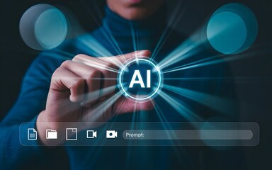 Artificial intelligence concept with person touching glowing AI hologram and digital search bar, symbolizing innovation, automation, and smart technology