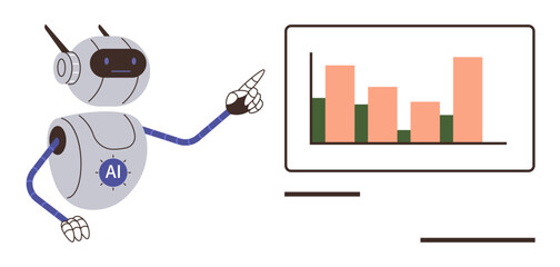 Robot with AI label pointing to a bar chart displaying data insights. Ideal for technology, automation, AI, education, analytics, future trends, innovation. A simple flat metaphor