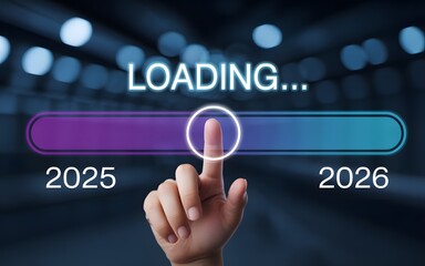 New year loading progress bar concept from 2025 to 2026, representing business planning, future goals, innovation, and upcoming digital transformation