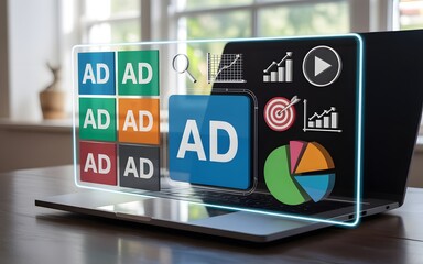 Digital advertising and marketing analytics concept with laptop showing online ad campaigns, data charts, SEO, and target audience strategy visualization