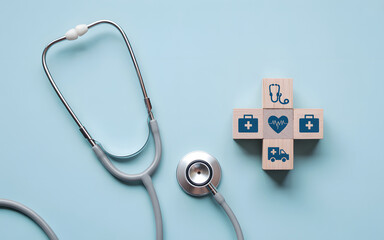 Healthcare and medical service concept with stethoscope and cross made of wooden blocks showing hospital, heart, ambulance, and doctor icons on blue background