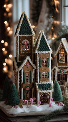Fototapeta premium Intricate gingerbread house display with candy canes, miniature trees, and warm interior lighting for a holiday scene.