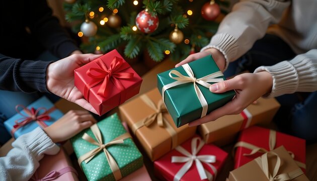 Close-up of hands holding small gift boxes of friends exchanging gifts during Christmas.