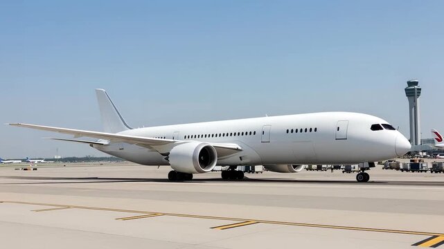 White airplane Boeing 787 taxiing and parking at the airport. Side view angle. Modern passenger jet airplane.
