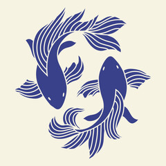 Original illustration of a koi fish, carp in blue and pink colors, Chinese new year, Asian festives. Graceful background, print, design, vector template