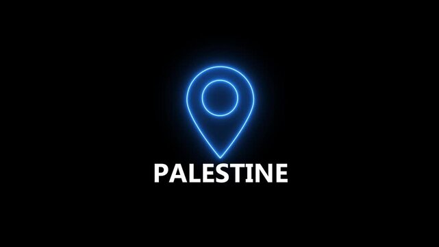 Neon blue location pin icon with Palestine text on black background map marker navigation