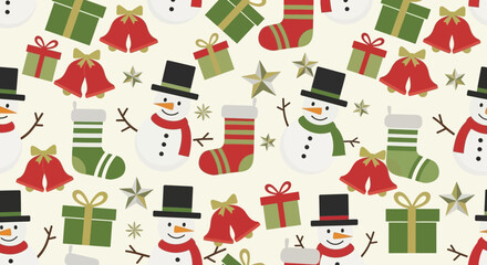 Christmas pattern holiday season festive winter background snowmen gifts bells socks stars