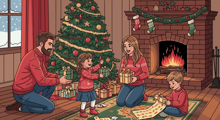 Family christmas tree presents fireplace stockings holiday celebration winter joy