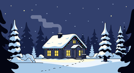 Winter cabin snow scene christmas lights holiday season trees night sky stars smoke