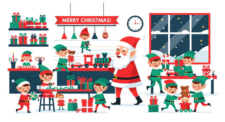 Santa claus elves workshop christmas gifts toys presents holiday season celebration joy