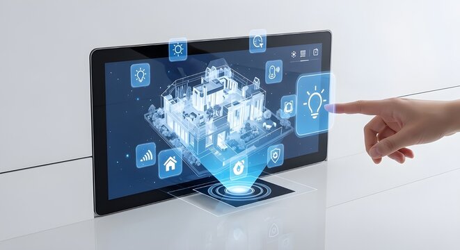 A hand interacts with a holographic display showing a 3D model of a smart building and various interconnected technology icons.