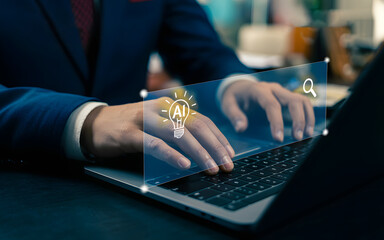 Artificial intelligence search innovation concept with businessman typing on laptop, representing AI data generation, ideas, and smart digital technology