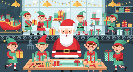 Santa claus elves gifts christmas presents workshop factory conveyor belt holiday joy
