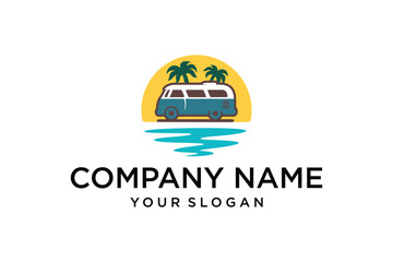 Vintage van with palm trees and ocean scene logo vector