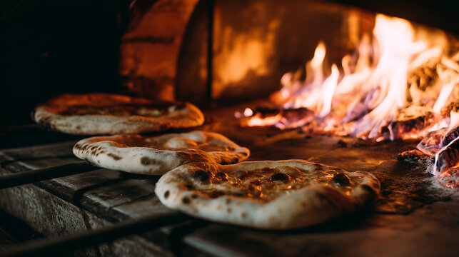 Pizzas baking in a wood-fired oven with flames adding authenticity and warmth. The pizzas display delicious toppings.