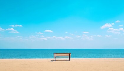 Fototapeta premium Tranquil Seaside Escape A Solitary Bench Overlooking the Serene Beach and Vibrant Ocean Waves