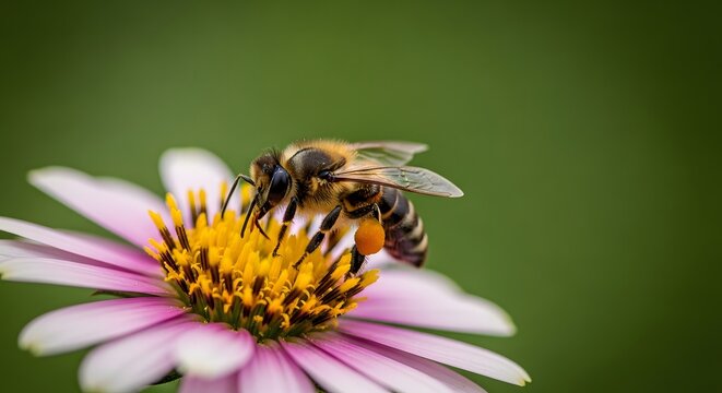 Close-up of a fuzzy bumblebee collecting pollen from a vibrant pink flower in nature