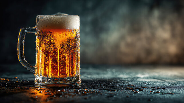 cold glass beer mug with golden beer and foam