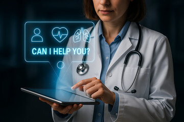 Female doctor holding a digital tablet with a glowing interface displaying heart, lungs, and patient icons, symbolizing telemedicine and online medical support