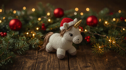 Knitted unicorn with santa hat amidst christmas decorations