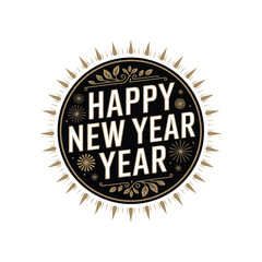 Vintage Happy New Year Badge with Decorative Sunburst and Leaf Elements