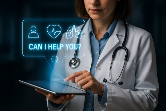 Female doctor holding a digital tablet with a glowing interface displaying heart, lungs, and patient icons, symbolizing telemedicine and online medical support