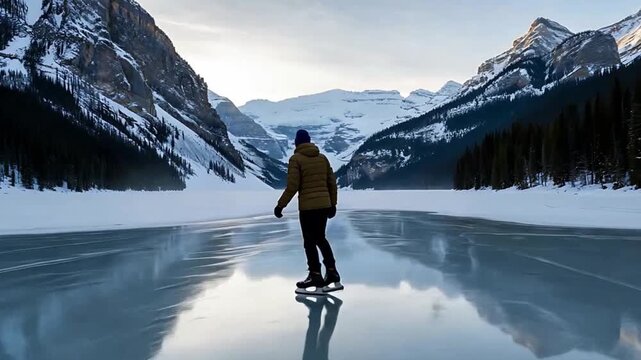 Person ice skating alone on a vast frozen lake surrounded by snow-covered Rocky Mountains, enjoying winter sports and nature