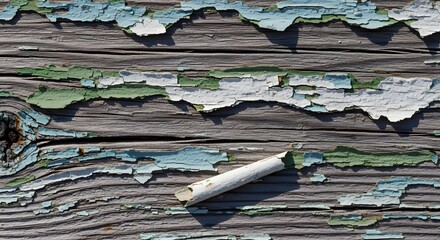 Close-up of weathered wooden planks with torn paper scraps revealing faded colors and textures