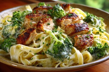 Chicken Alfredo With Broccoli. Creamy Pasta Dish with Fresh Broccoli and Tender Chicken