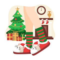 person wearing cozy cat slippers, in the room with festive tree, gifts, Christmas illustration