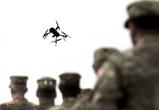 American soldiers and drone flying in the sky. US military. (collage)