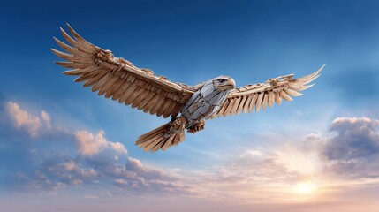 Obraz premium A majestic mechanical eagle soars through a vibrant sky, showcasing intricate details and a stunning view of clouds and sunlight.