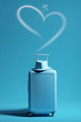 Blue suitcase with sunhat and heart shape in sky