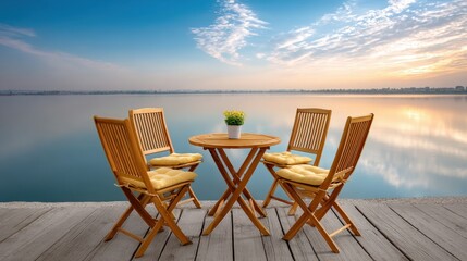 Fototapeta premium A serene lakeside scene featuring a round wooden table with four chairs, set against a backdrop of calm waters and a beautiful sky.