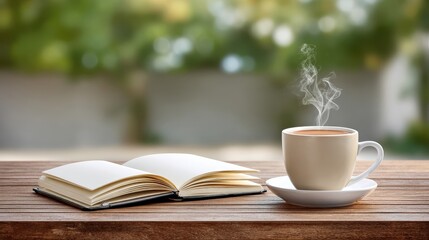 A cozy scene featuring a steaming cup of coffee beside an open book on a wooden table, set against a soft, blurred green background.