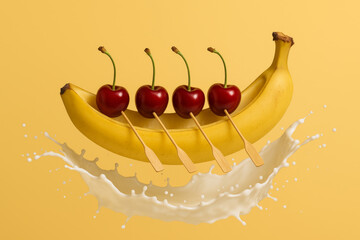 Surreal Banana Boat with Cherries Rowing in Milk Splash
