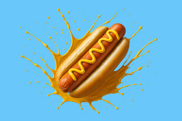 Hot dog with mustard and yellow splash on vibrant background