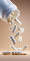 Falling capsules from a white medicine bottle on neutral background