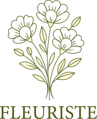 Logo for a florist: a stylized bouquet of three flowers with leaves, in natural green tones, accompanied by the word FLEURISTE in elegant typography.