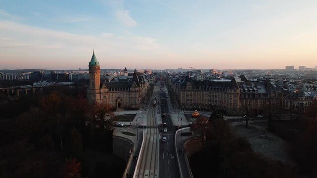 Luxembourg Drone Downtown from Bridge, Night
