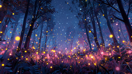 Cute Sparkling Fireflies Dotted On Trees And Grass In The Forest Night
