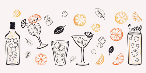 Hand drawn collection of refreshing summer drinks with ice cubes and citrus slices on a light background