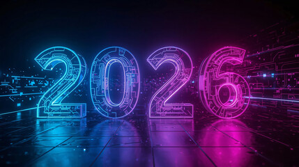 Futuristic neon year 2026 digital abstract background. Happy new year 2026