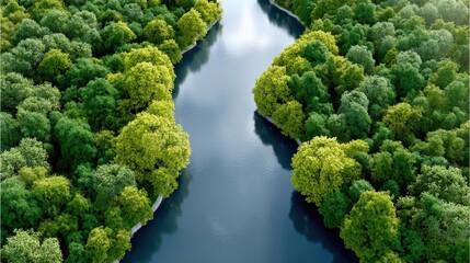 Naklejka premium Aerial view of a serene river winding through lush green forests, showcasing vibrant foliage and tranquil water.