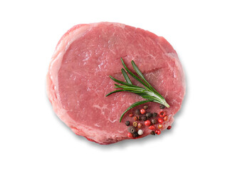 Top view uncooked marbled beef steak with rosemary and pepper.
